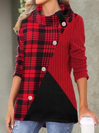 Women's Red Plaid Christmas urtleneck Color Block Tunic Tops 