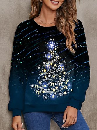 Women's Blue Sweatshirt Shinning Christmas Tree Graphic Printed