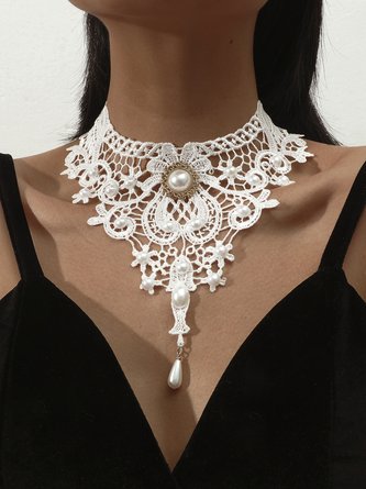 Elegant Imitation Pearls Lace Choker Fake Collar Jewelry