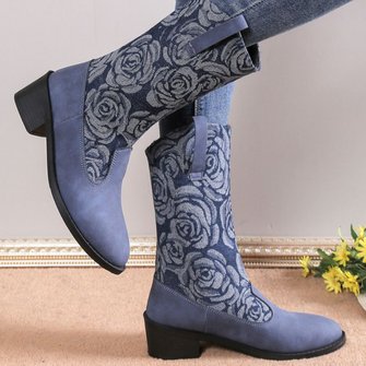 Denim Casual Floral Cowboy Boots
