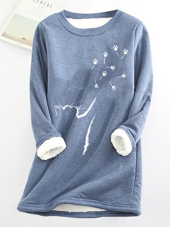Fleece Loose Casual Knitted Cat Print Sweatshirt