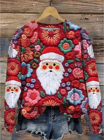 3D Digital Print Santa Claus Crew Neck Knitted Casual Sweatshirt