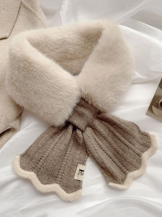 Elegant Bow Color Block Warmth Knitted Paneled Neck Gaiter Furry Scarf