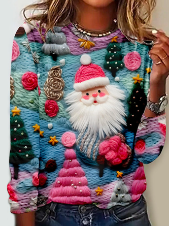 3D Digital Print Pink Santa Claus Pattern Crew Neck Regular Fit Casual Long Sleeve Print Shirt