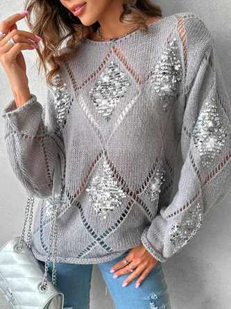 Glitter Casual Wool/Knitting Geometric Loose Argyle Pattern Contrast Sequin Knit Sweater