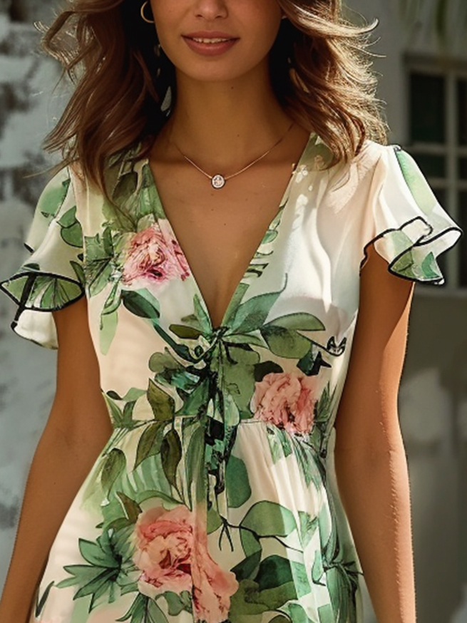 Ruffled Sleeves Elegant Floral Regular Fit Dress