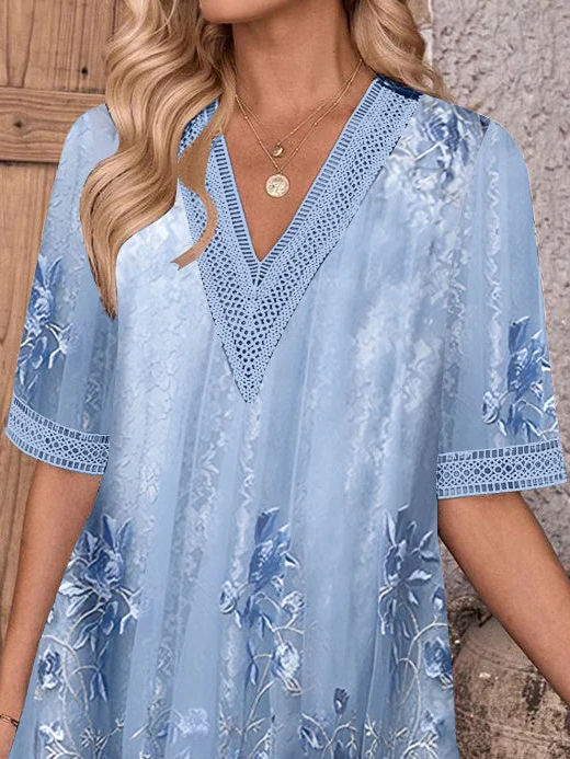 Casual Floral V Neck Lace Edge Loose Dress