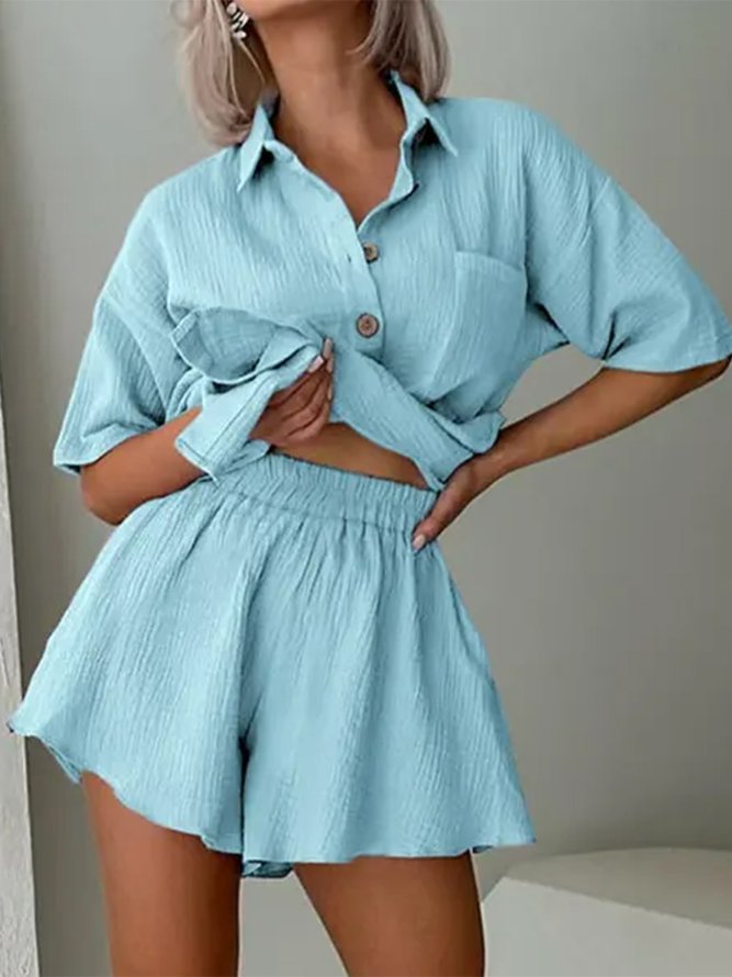 Buttoned Loose Plain Casual Two-Piece Set