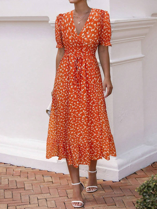 Vacation Small Floral V Neck Dress With Belt