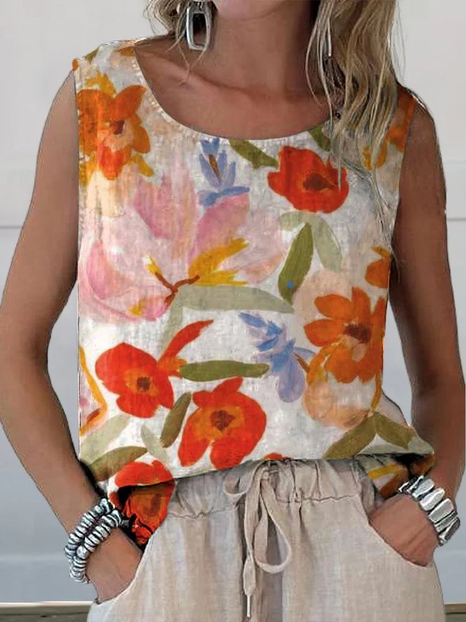 Floral Cotton And Linen Casual Tank Top